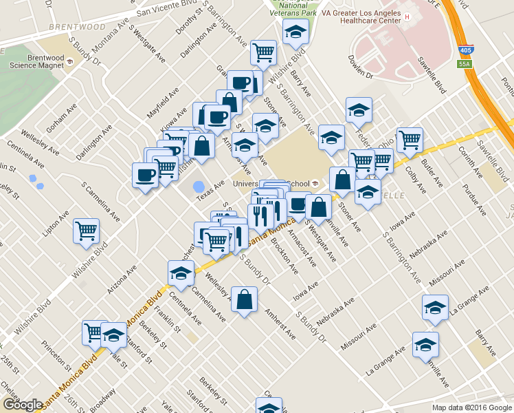 map of restaurants, bars, coffee shops, grocery stores, and more near 1427 Brockton Avenue in Los Angeles