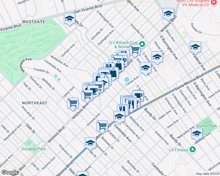 map of restaurants, bars, coffee shops, grocery stores, and more near 12222 Wilshire Boulevard in Los Angeles