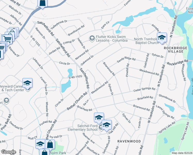 map of restaurants, bars, coffee shops, grocery stores, and more near 40 Peachtree Circle in Columbia