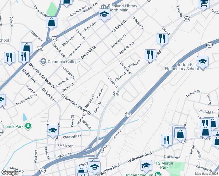 map of restaurants, bars, coffee shops, grocery stores, and more near 4920 Jones Street in Columbia