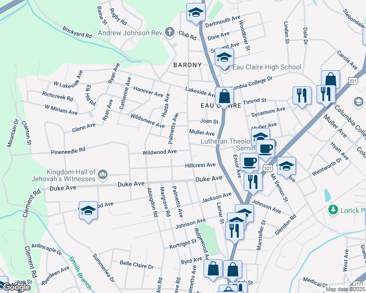 map of restaurants, bars, coffee shops, grocery stores, and more near 517 Wildwood Avenue in Columbia