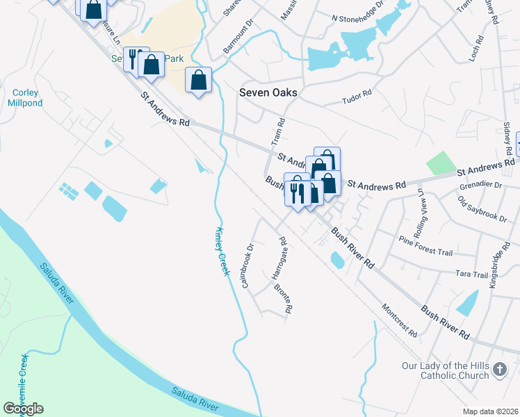 map of restaurants, bars, coffee shops, grocery stores, and more near 3721 Harrogate Road in Columbia