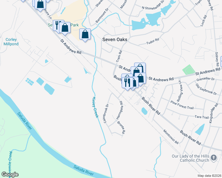 map of restaurants, bars, coffee shops, grocery stores, and more near 3721 Harrogate Road in Columbia