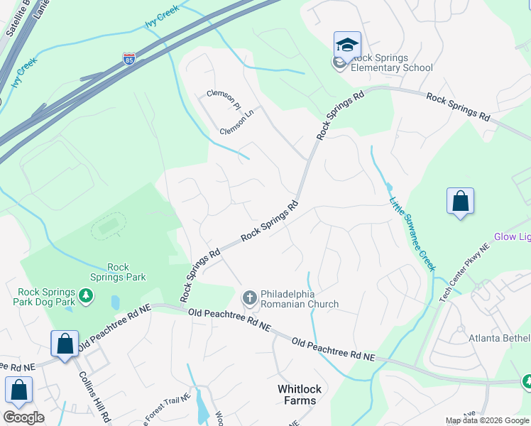 map of restaurants, bars, coffee shops, grocery stores, and more near 692 Rock Springs Road in Lawrenceville