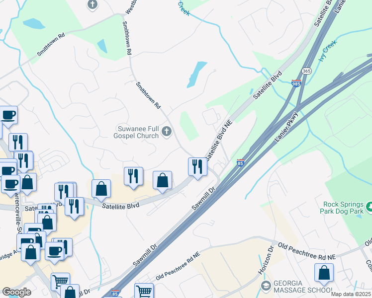 map of restaurants, bars, coffee shops, grocery stores, and more near 3235 Smithtown Road in Suwanee