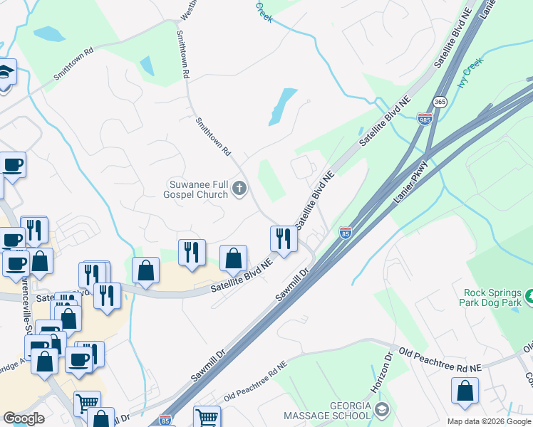 map of restaurants, bars, coffee shops, grocery stores, and more near 3240 Smithtown Road in Suwanee