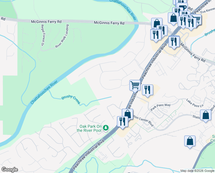 map of restaurants, bars, coffee shops, grocery stores, and more near 1505 Chattahoochee Run Drive in Suwanee