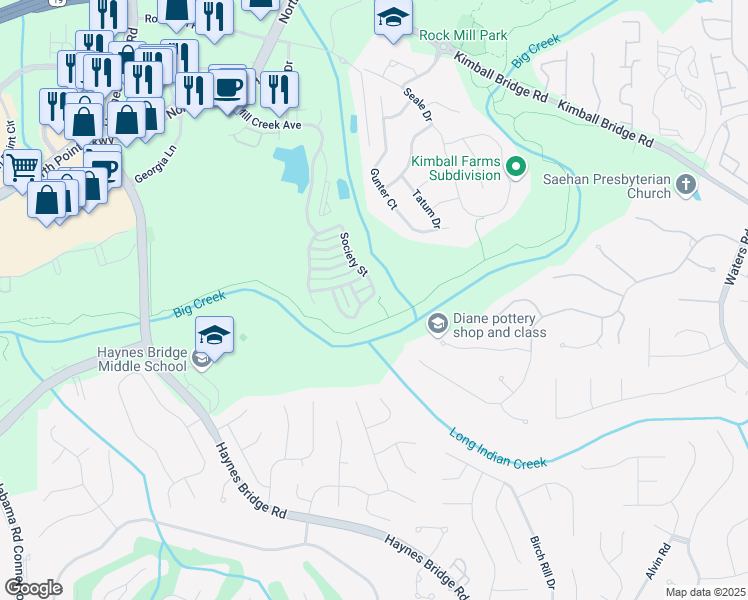 map of restaurants, bars, coffee shops, grocery stores, and more near 570 Society Street in Alpharetta