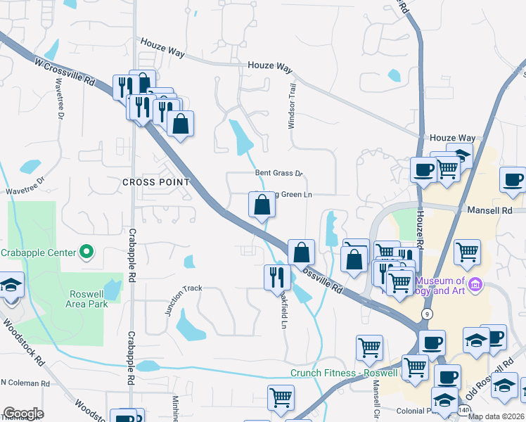 map of restaurants, bars, coffee shops, grocery stores, and more near 250 East Crossville Road in Roswell