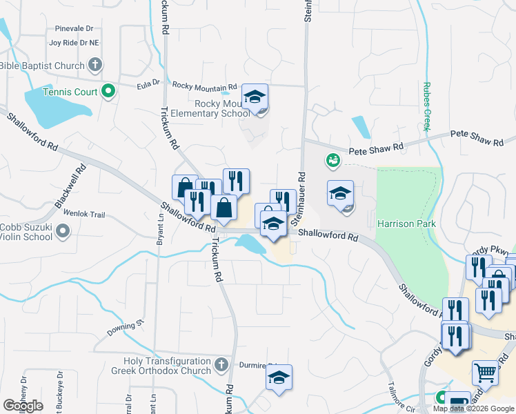 map of restaurants, bars, coffee shops, grocery stores, and more near 2510 Bluff Stone Trce in Marietta