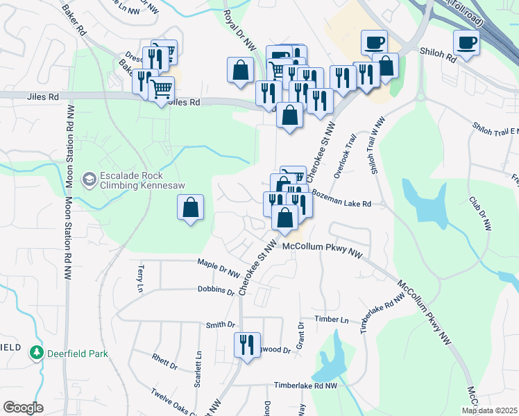 map of restaurants, bars, coffee shops, grocery stores, and more near 1020 Plantation Way in Kennesaw