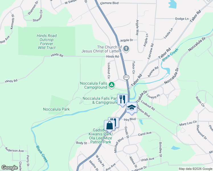 map of restaurants, bars, coffee shops, grocery stores, and more near 1502 Noccalula Rd in Gadsden