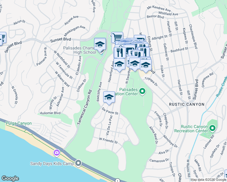 map of restaurants, bars, coffee shops, grocery stores, and more near 701 Vía De La Paz in Los Angeles