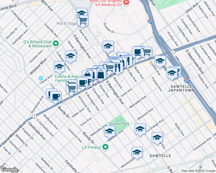 map of restaurants, bars, coffee shops, grocery stores, and more near 1561 South Barrington Avenue in Los Angeles