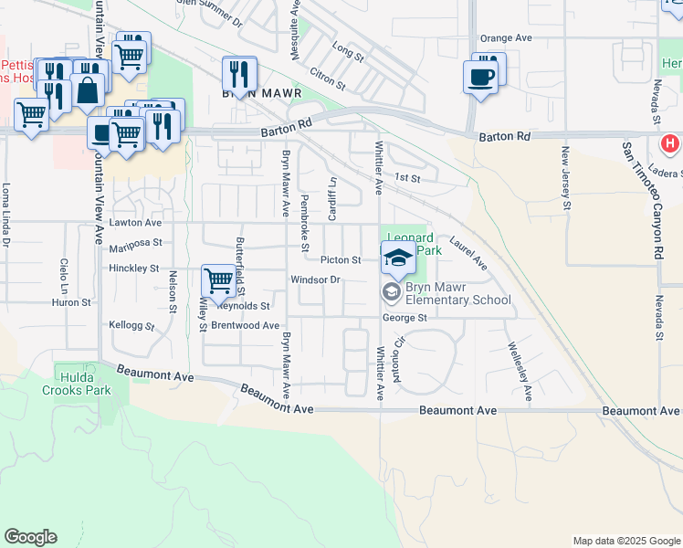 map of restaurants, bars, coffee shops, grocery stores, and more near 26220 Windsor Drive in Loma Linda