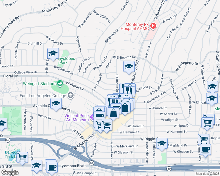 map of restaurants, bars, coffee shops, grocery stores, and more near 1021 Brightwood Street in Monterey Park