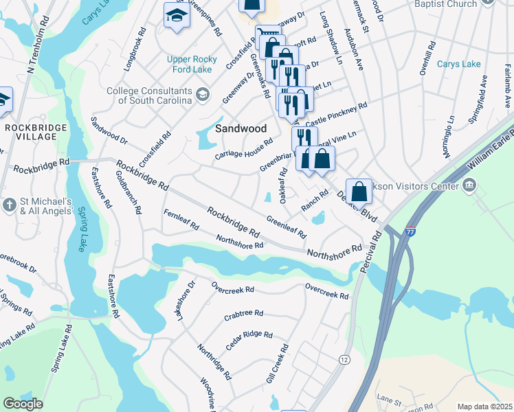 map of restaurants, bars, coffee shops, grocery stores, and more near 3622 Greenleaf Road in Columbia