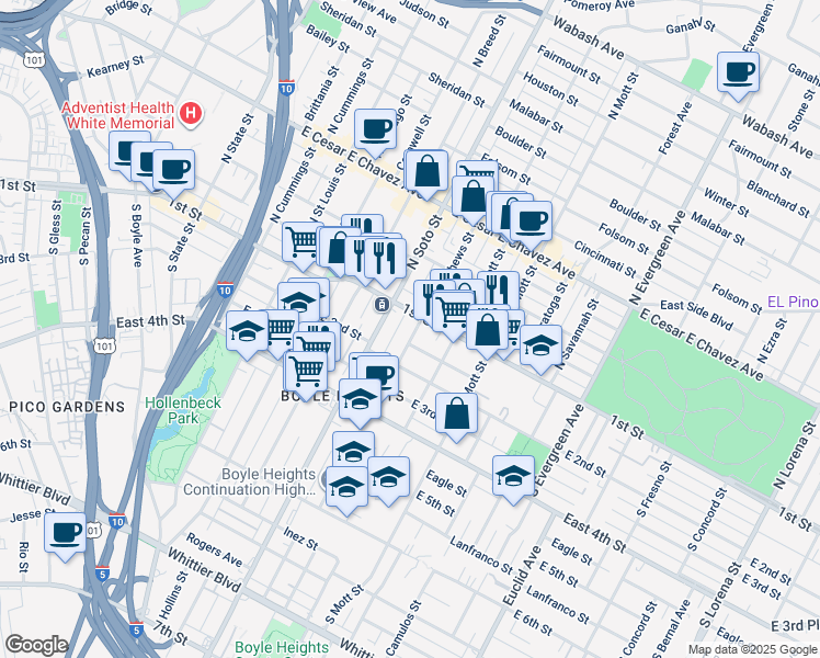 map of restaurants, bars, coffee shops, grocery stores, and more near 113 South Mathews Street in Los Angeles