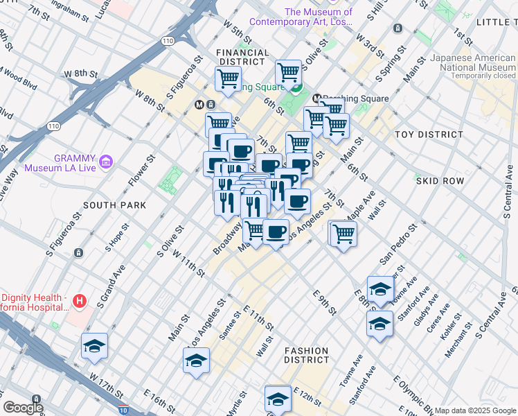 map of restaurants, bars, coffee shops, grocery stores, and more near 850 South Broadway in Los Angeles