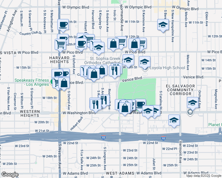 map of restaurants, bars, coffee shops, grocery stores, and more near 1678 Roosevelt Avenue in Los Angeles