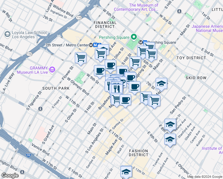 map of restaurants, bars, coffee shops, grocery stores, and more near 849 South Broadway in Los Angeles