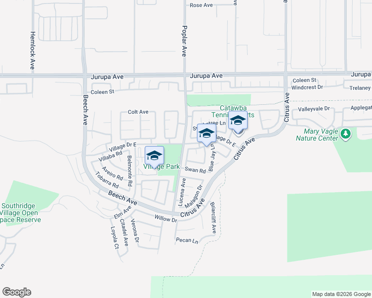 map of restaurants, bars, coffee shops, grocery stores, and more near 6392 Peacock Lane in Fontana