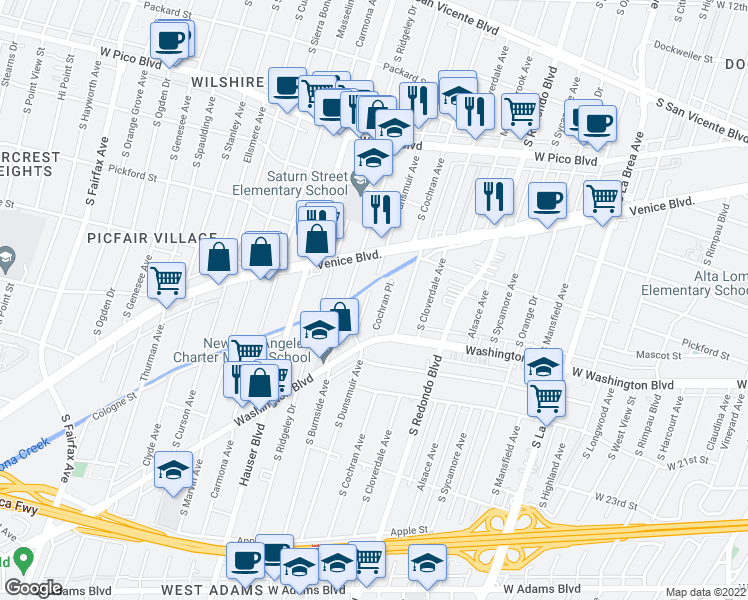 map of restaurants, bars, coffee shops, grocery stores, and more near 1830 Dunsmuir Avenue in Los Angeles