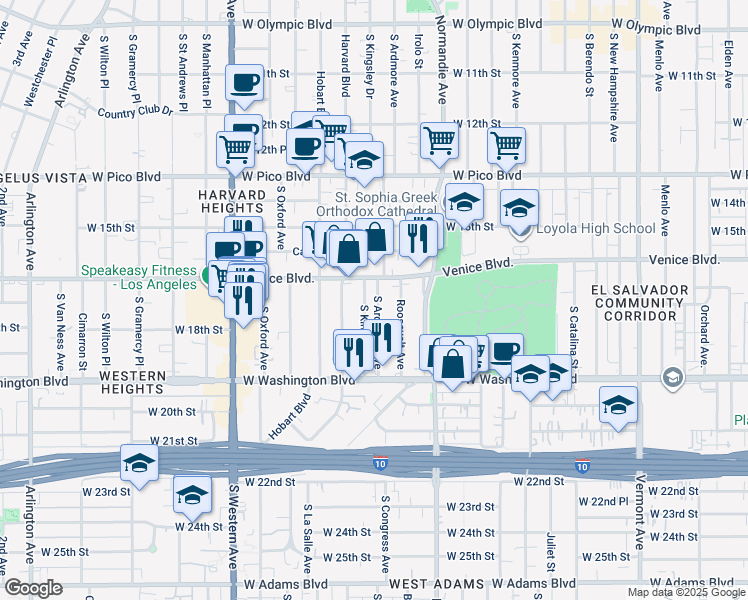 map of restaurants, bars, coffee shops, grocery stores, and more near 1677 South Ardmore Avenue in Los Angeles