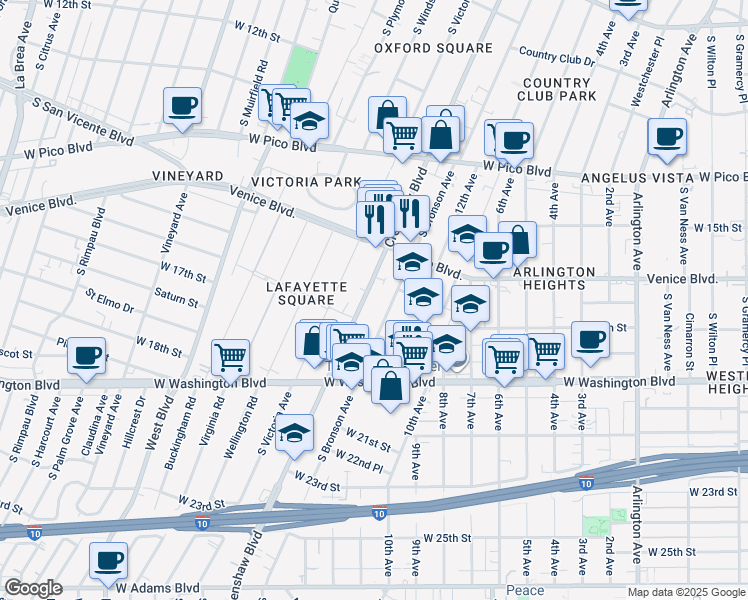 map of restaurants, bars, coffee shops, grocery stores, and more near 1722 Crenshaw Boulevard in Los Angeles