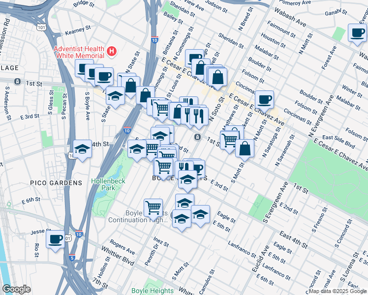 map of restaurants, bars, coffee shops, grocery stores, and more near 2302 East 2nd Street in Los Angeles