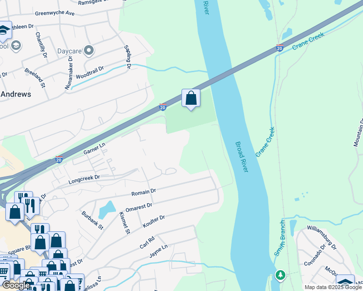 map of restaurants, bars, coffee shops, grocery stores, and more near 1800 Longcreek Drive in Columbia