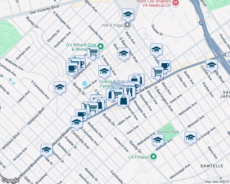 map of restaurants, bars, coffee shops, grocery stores, and more near 1439 Armacost Avenue in Los Angeles