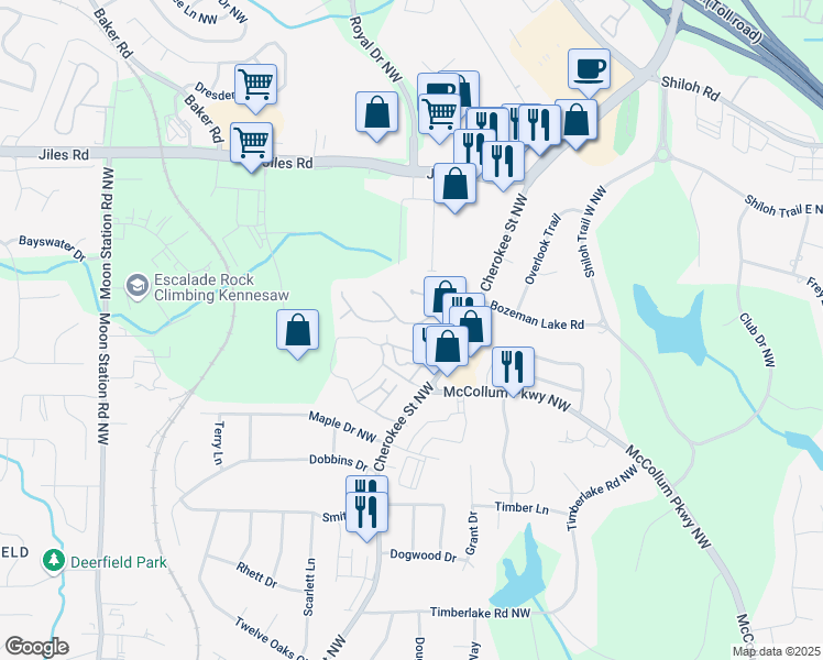 map of restaurants, bars, coffee shops, grocery stores, and more near 1014 Plantation Way in Kennesaw