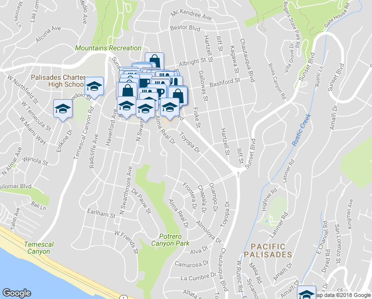 map of restaurants, bars, coffee shops, grocery stores, and more near 790 Alma Real Drive in Los Angeles