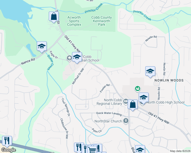 map of restaurants, bars, coffee shops, grocery stores, and more near 3654 Devon Park Lane Northwest in Kennesaw