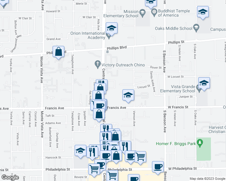 map of restaurants, bars, coffee shops, grocery stores, and more near 5365 Mariner Lane in Chino