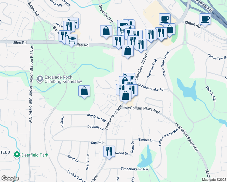 map of restaurants, bars, coffee shops, grocery stores, and more near 1020 Plantation Way in Kennesaw