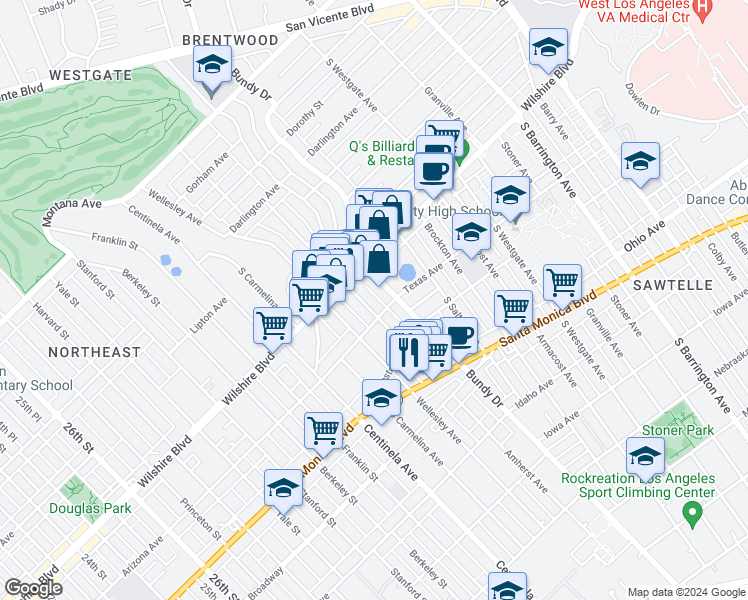 map of restaurants, bars, coffee shops, grocery stores, and more near 1236 Amherst Avenue in Los Angeles