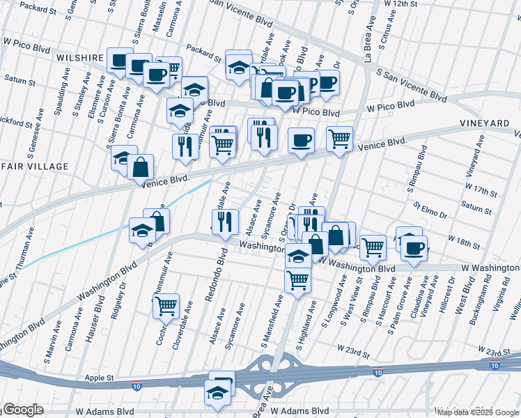 map of restaurants, bars, coffee shops, grocery stores, and more near 1820 Alsace Avenue in Los Angeles