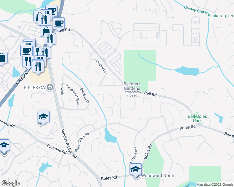 map of restaurants, bars, coffee shops, grocery stores, and more near 630 Weeping Branch Ct in Duluth