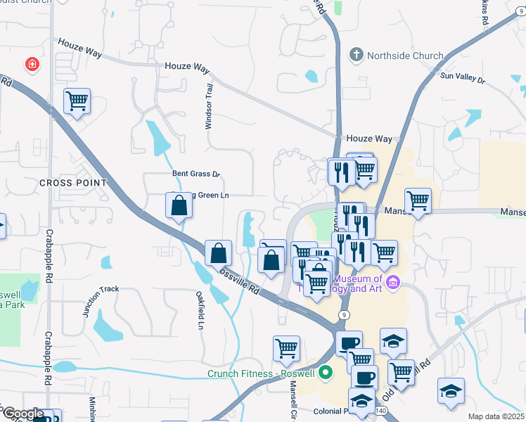 map of restaurants, bars, coffee shops, grocery stores, and more near 2000 Applewood Drive in Roswell