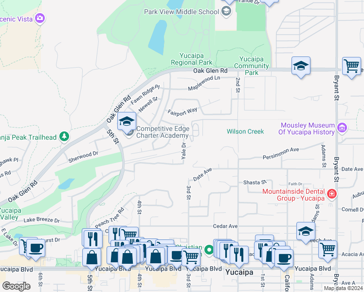map of restaurants, bars, coffee shops, grocery stores, and more near 34614 Yale Drive in Yucaipa
