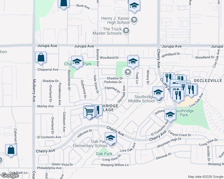 map of restaurants, bars, coffee shops, grocery stores, and more near 14223 Figwood Drive in Fontana