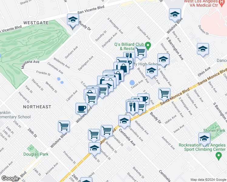map of restaurants, bars, coffee shops, grocery stores, and more near 1209 Amherst Avenue in Los Angeles
