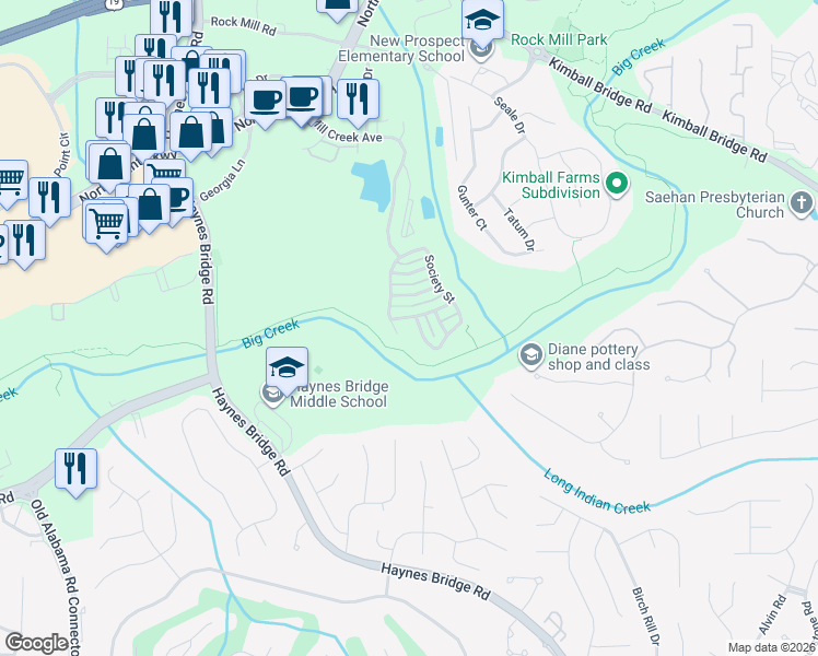 map of restaurants, bars, coffee shops, grocery stores, and more near 100 Society Street in Alpharetta
