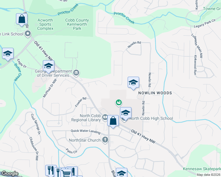 map of restaurants, bars, coffee shops, grocery stores, and more near 3893 Nowlin Road in Kennesaw