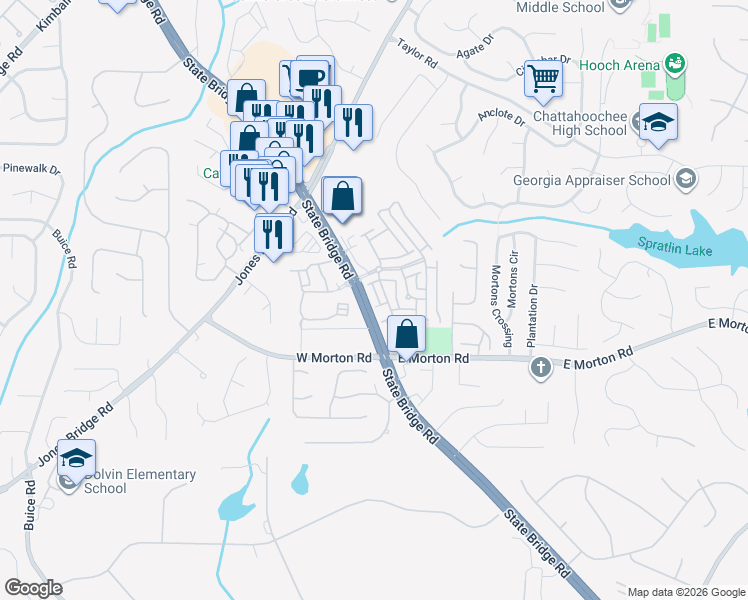 map of restaurants, bars, coffee shops, grocery stores, and more near 4901 Hudson Square in Johns Creek