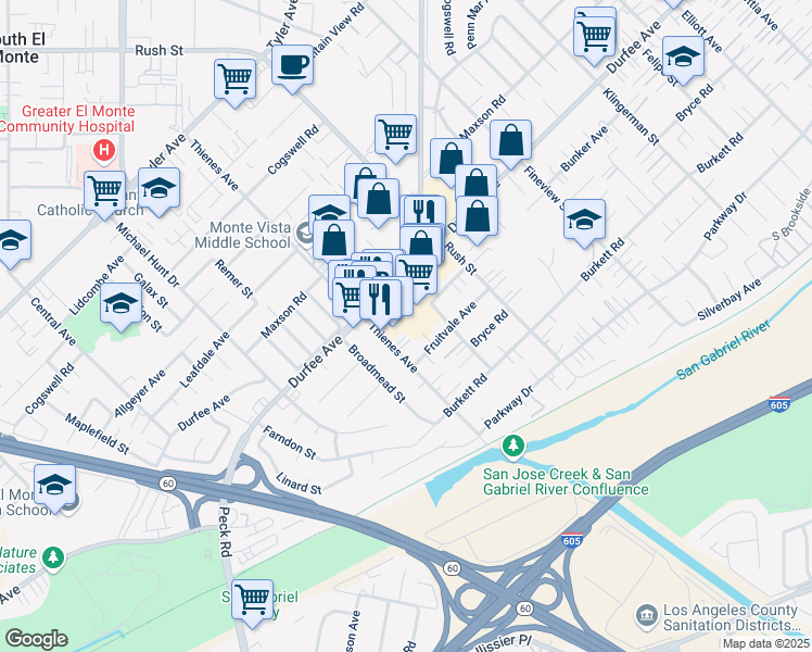 map of restaurants, bars, coffee shops, grocery stores, and more near 1831 Fruitvale Avenue in El Monte