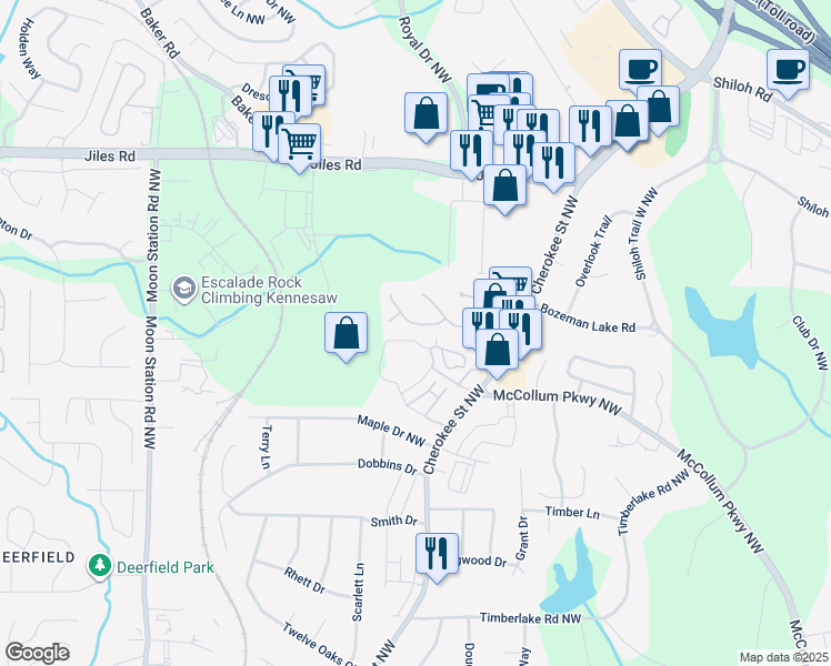 map of restaurants, bars, coffee shops, grocery stores, and more near 1420 Shiloh Way Northwest in Kennesaw