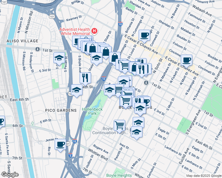 map of restaurants, bars, coffee shops, grocery stores, and more near 2107 East 4th Street in Los Angeles